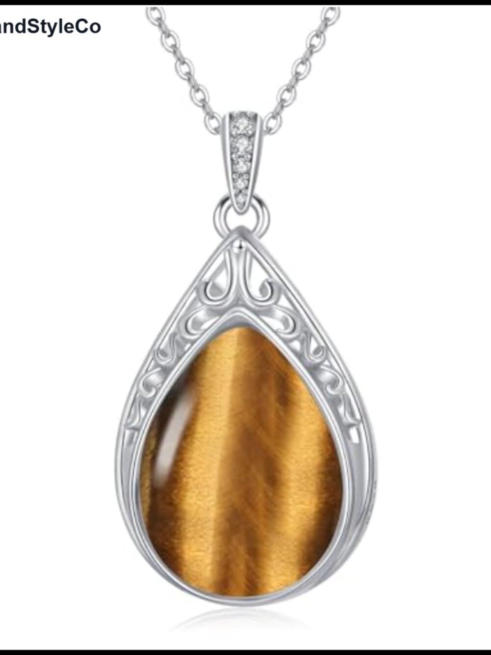 925 Sterling Silver Teardrop Tiger Eye Filigree Pendant Necklace